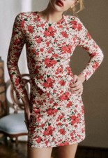 Sézane Divia Cream Red Roses Long-Sleeve Dress Size Missing
