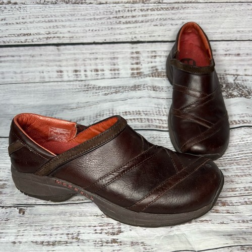 Merrell Primo Patch Bug Brown Leather Women's 8.5 Slip On Comfort Clogs J63796