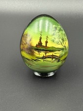    Vintage Russian Hand-Painted Wooden Egg   Signed Landscape Church Scene