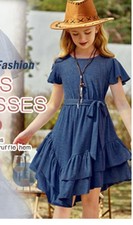 Girls Dresses Loose Plain Casual Ruffle Swing Midi Dress With Belt Size 7-8 Y 