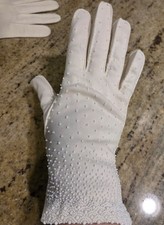 Vintage Womens Size L Off-White Cotton Stretch Formal Gloves Beaded Scallop...
