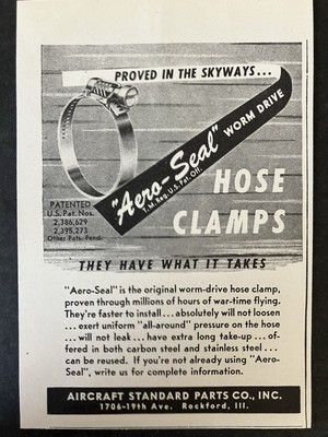1946 Aircraft Standard Parts Co. Inc. Aero-Seal Hose Clamps B&W Vintage Print Ad