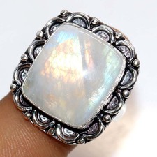 925 Silver Plated Rainbow Moonstone Ring US 9 Festival Special Gift Trendy GW