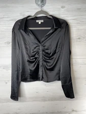 Pleione Shirt Womens XL Black Ruched Button Down Long Sleeve Stretch Dressy Top
