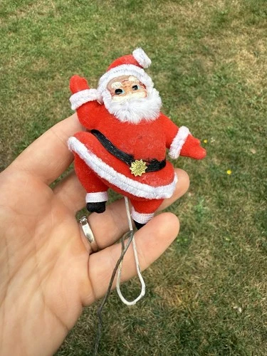 Vintage 4” Flocked Kitsch Dancing Santa Claus Christmas Decoration On Wire