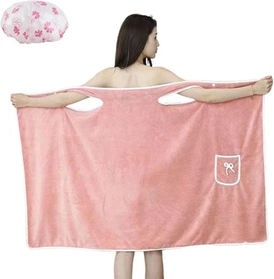 Women's Coral Fleece Bathrobe, Plus Size Women's Wearable Shower Skirt Pocket=