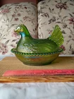 Vtg. Indiana Glass Iridescent Green Carnival Glass Hen On Nest Pre-owned