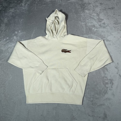 Lacoste Hoodie Mens Medium Beige Crocodile Big Logo Pullover Fleece Sweatshirt