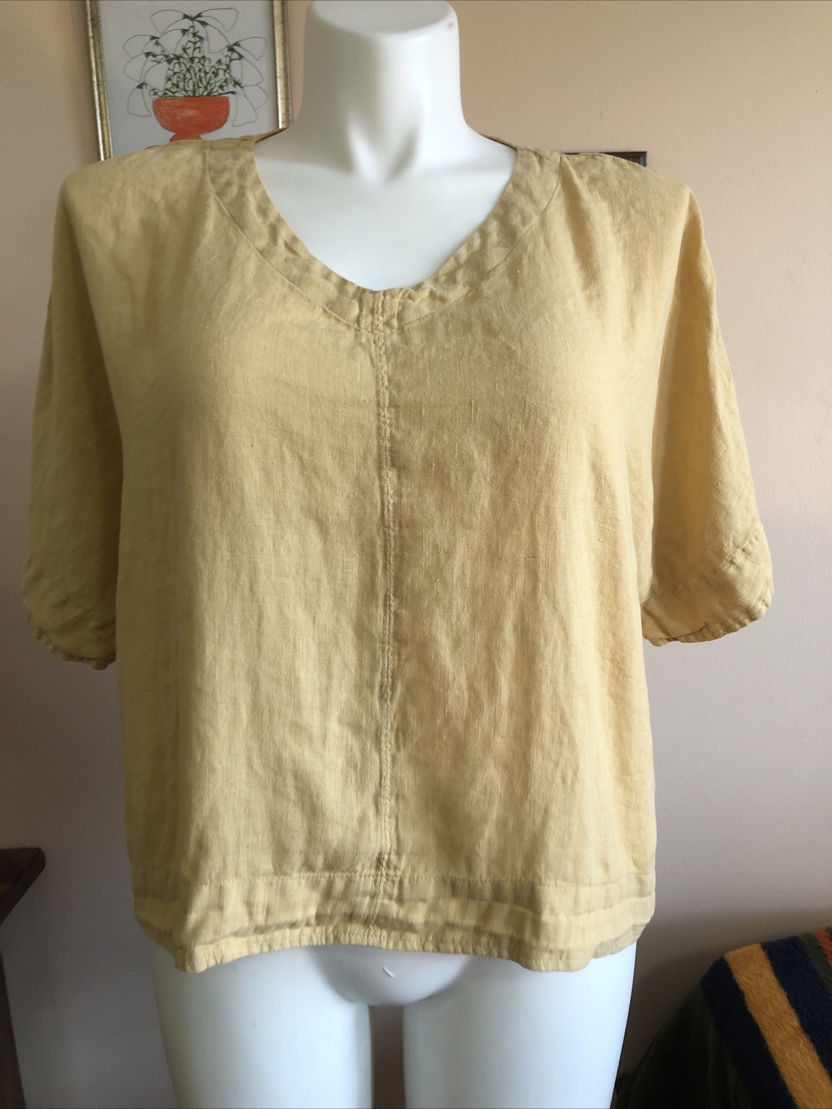 Focus Yellow 100% Linen Lagenlook Oversized Top Large V Neck Short Sleeve