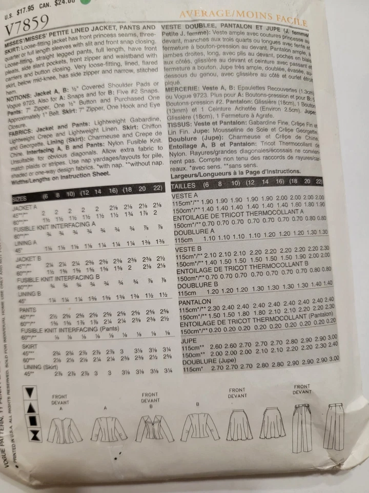 Vogue Sewing Pattern V7859 Lined Jacket, Pants & Skirt. 12-14-16  cut To Sz 16 - Image 2 of 3