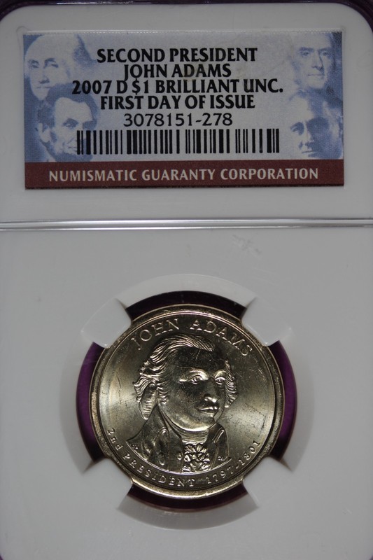 2007 D NGC BRILLIANT UNC JOHN ADAMS FIRST DAY OF ISSUE DOLLAR #B51629