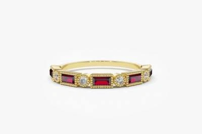 Milgrain Baguette Memory Goldring 14K 585er Gold Rot Rubin & 6 Brillanten VS G-H - Bild 1 von 4