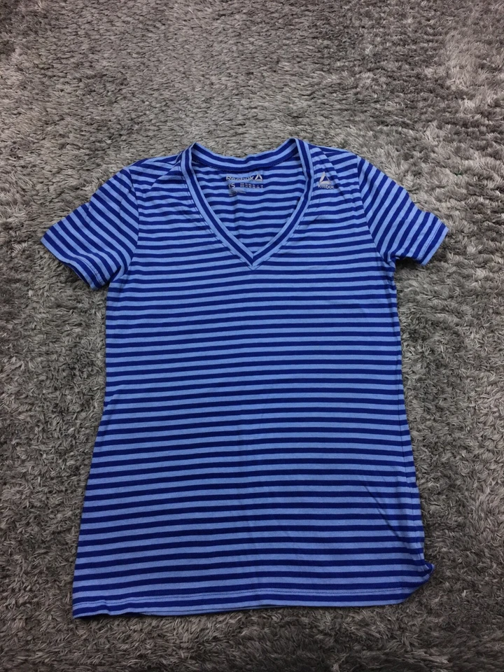 锐步衬衫女式 XS 码超小号蓝色条纹 V 领短袖 T 恤 — 第 3/4 张图片