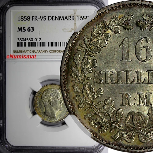 Denmark Frederik VII Silver 1858 FK-VS 16 Skilling Rigsmont NGC MS63 KM# 765(12)