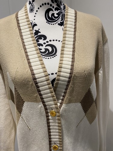 Womens St Michael Cardigan Sz 14 Cream Argyle Pringle Oversized Vintage Retro - Picture 3 of 9