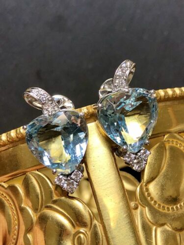 Estate 18K Heart Shape Aquamarine Diamond Huggie Omega Back Earrings 15.24cttw - Picture 1 of 6