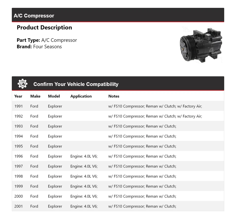 Компрессор кондиционера для 1991-2001 Ford Explorer 4 сезона 1992 1993 1994 1995 1996 - Изображение 2 из 4