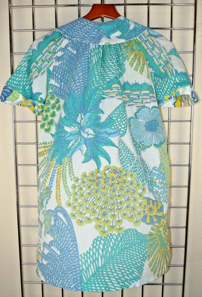 Винтажная ночная рубашка размер S/M 60-е зеленые желтые синие завитки калейдоскоп передние защелки - Изображение 4 из 4