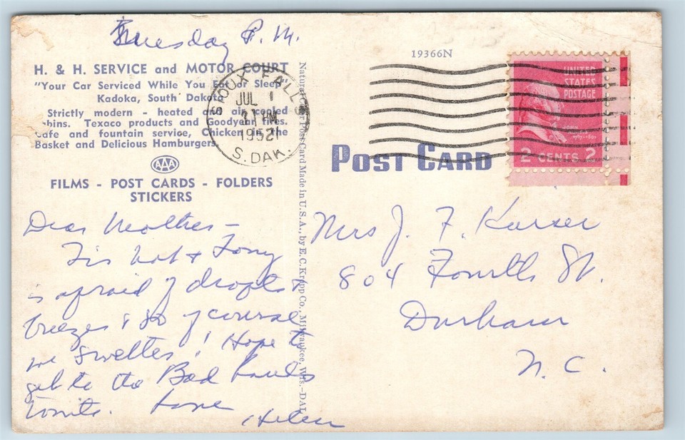 Postcard SD Kadoka H&H Texaco Gas Station Service & Motor Court c1950s