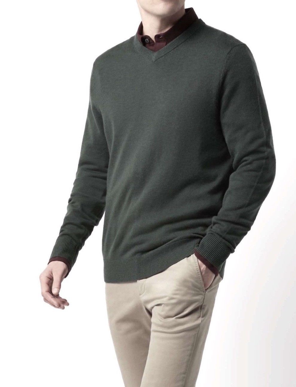 New Mens Sweater Jumper V Neck Soft Knit Pullover Elbow Patch S M L XL