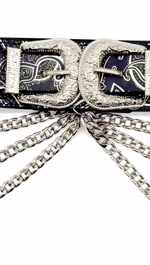 Women Black Elastic Belt Paisley Western Double Buckle Chain  display picture 1