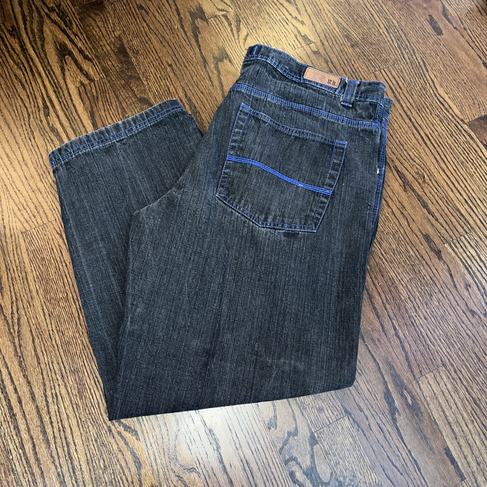 RK Rural King Mens Jeans 44x30 Black Relaxed Wide Blue Stitch Hip Hop