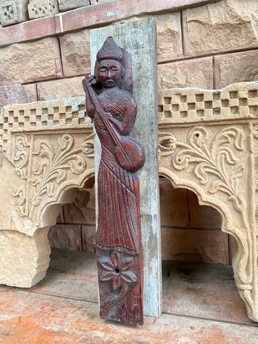 1700 Antique Wooden goddess Saraswati Figurine Wall Hanging Panel - Picture 10 of 12