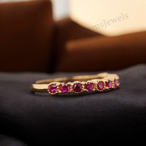 925 Sterling Silver 2.5 mm Round Shape Natural Ruby Band half Eternity Band - Picture 3 of 5