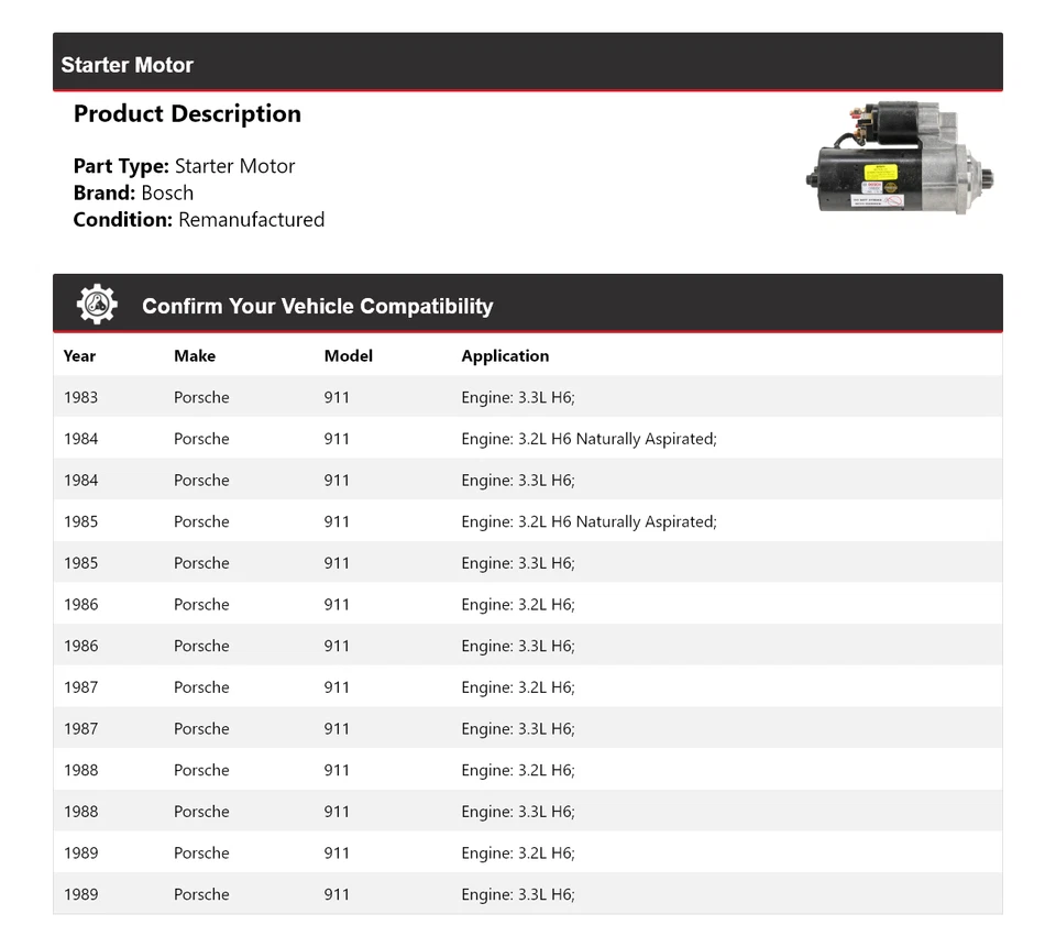 Arranque para Porsche 911 Bosch 1983-1989 (remanufacturado) 1984 1985 1986 1987 Foto 2 de 4