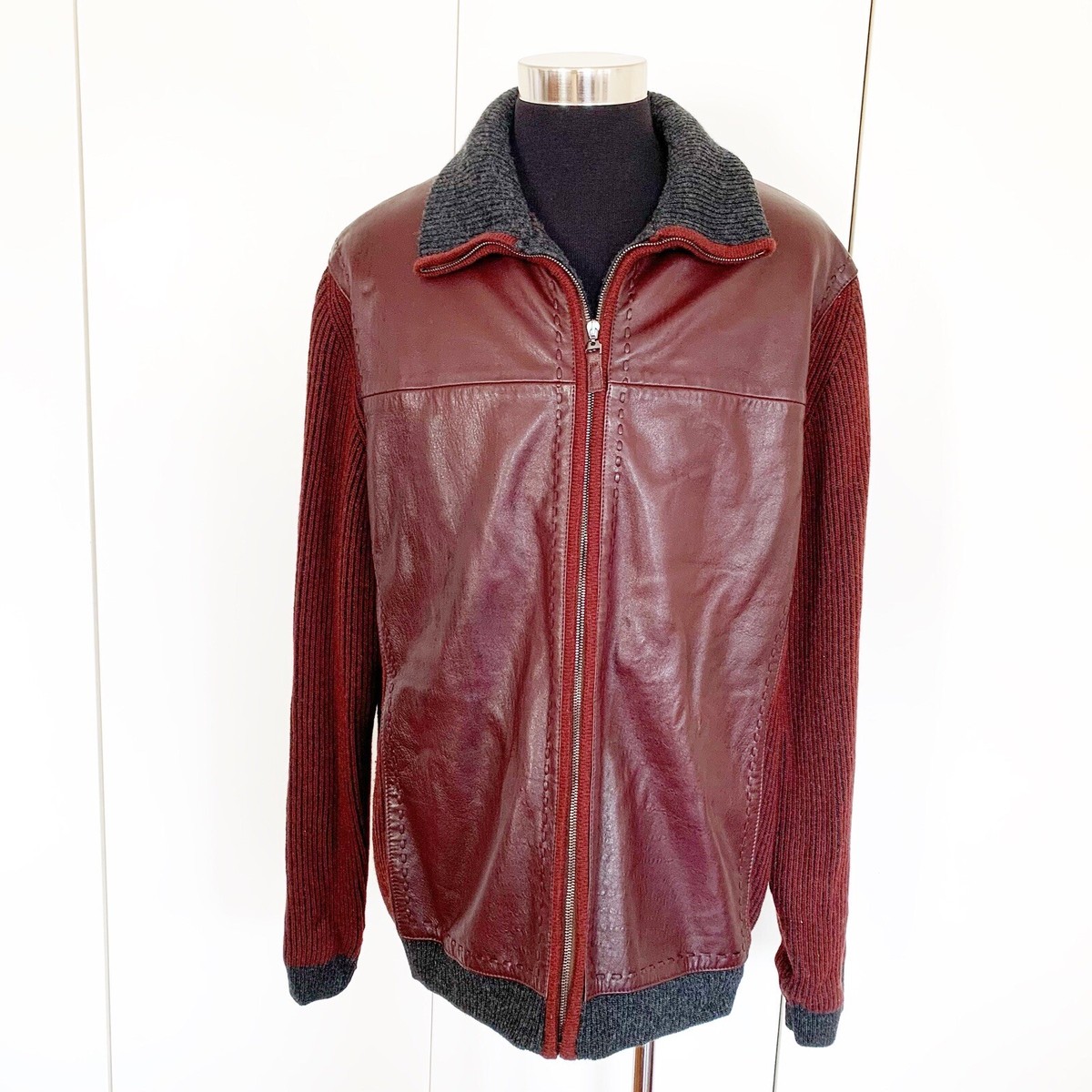 TORRAS fakesuède×knit switching blouson Torras Burgundy Leather And Wool Knitted Bomber Jacket Sz 54