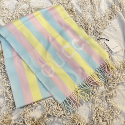 NWT GUCCI Magmadera Pastel Rainbow Stripe Logo Scarf Cotton