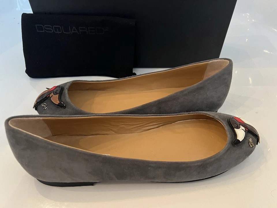 DSQUARED2 38.5 7.5 Gris Gamuza Salchicha Perro Apliques Ballet Pisos Foto 2 de 4