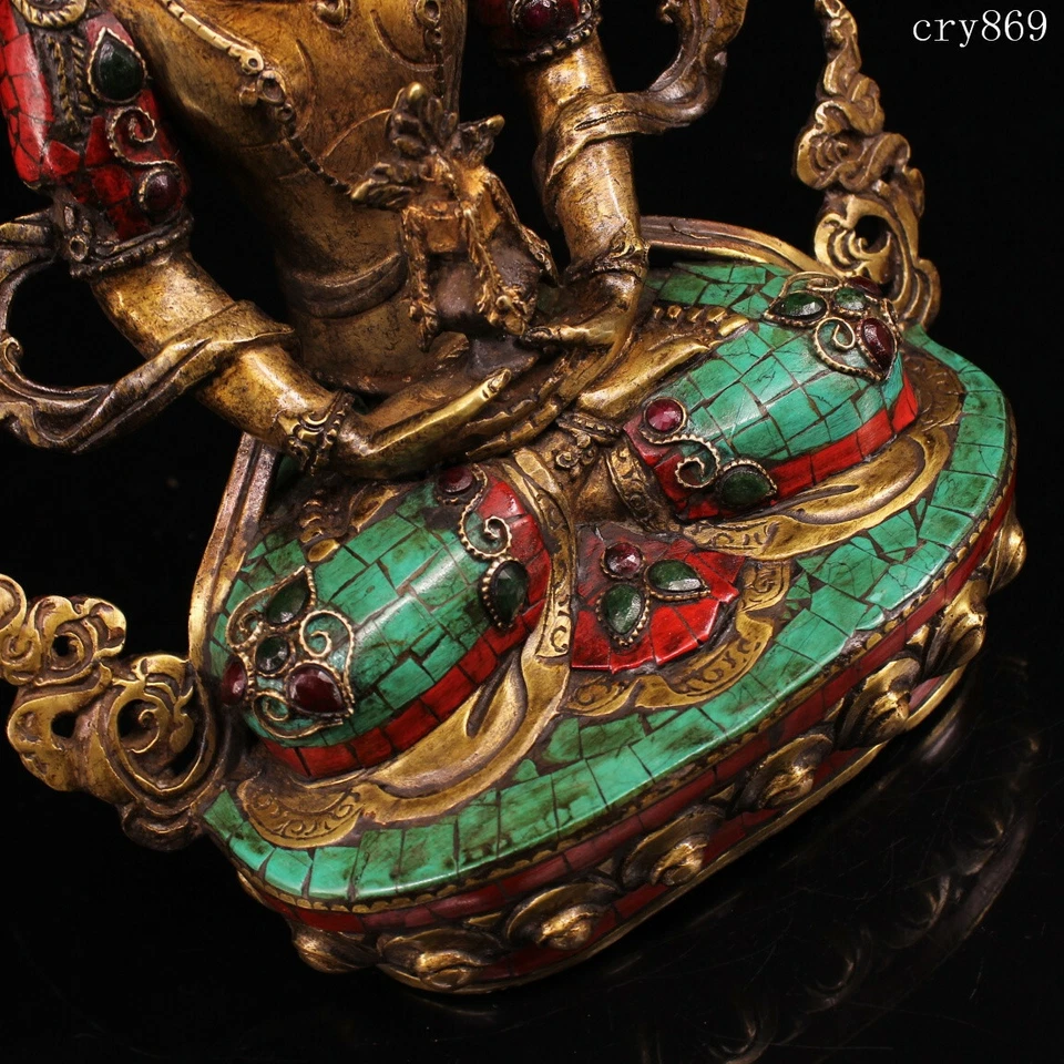 Estátua tibetana antiga de cobre puro incrustada com pedras preciosas O Deus da riqueza King Kong - Imagem 4 de 4