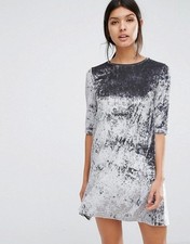 Mango Gray Crushed Velvet Shift Dress Size L 3/4 Sleeve Whimsigoth Grunge