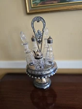 Vtg 1886 F.B Rogers Cruet Etched Condiment Set Quadruple Silver Plated Stand 