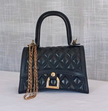Black Quilted Turn Lock Top Handle Satchel with Gold Chain Detachable Strap