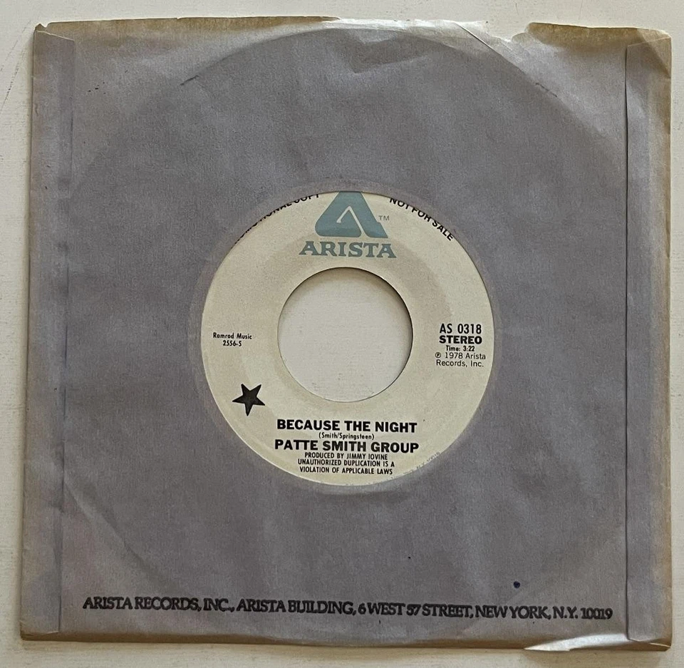 Patti Smith Group Because The Night 45 rpm NM Arista Rock (1978) MONO / STEREO - Image 2 of 2