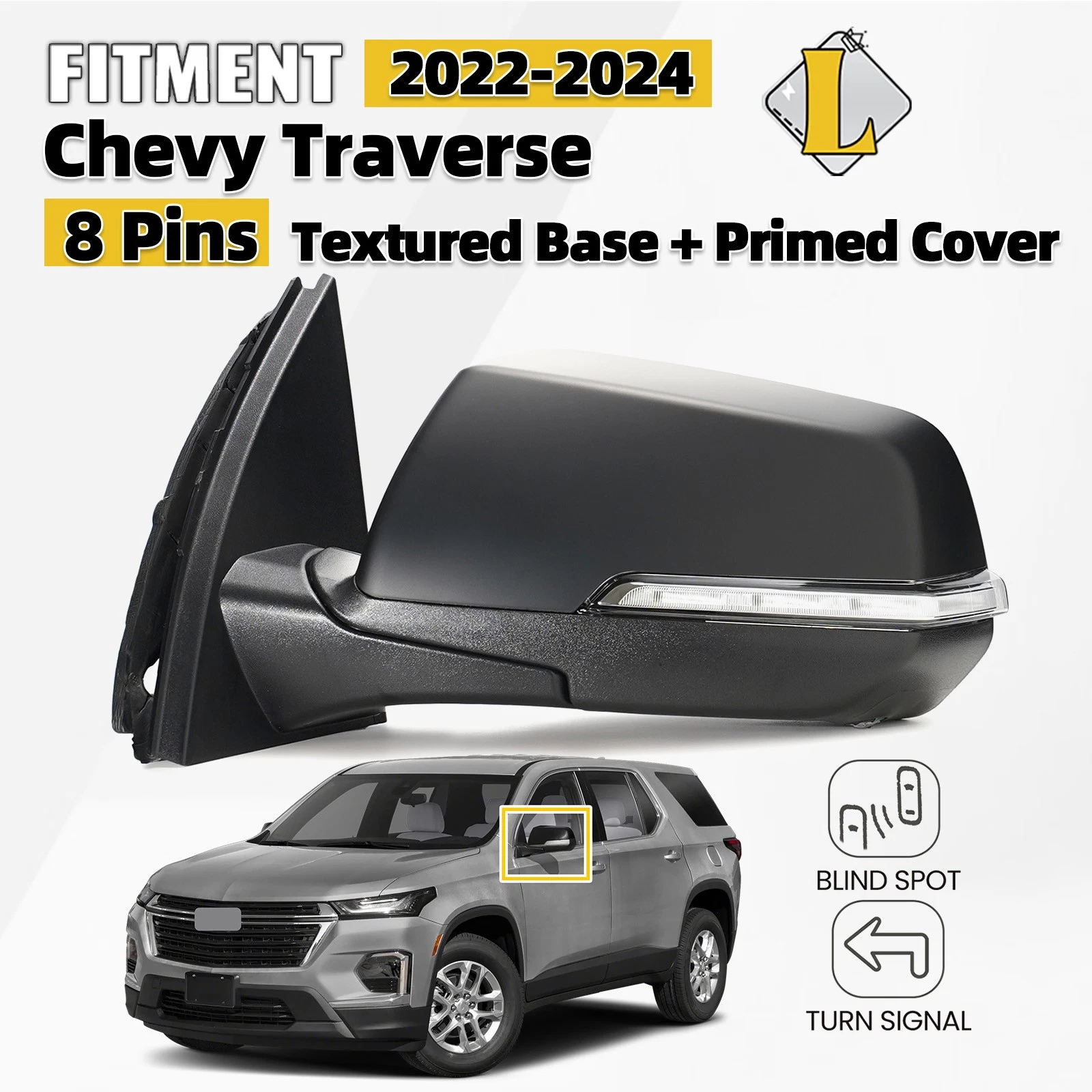 Side Mirror For 2022-2024 Chevy Traverse W/Turn Signal & Blind Spot Left 8 Pins