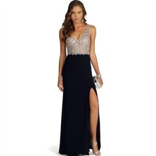 Blondie Nites Juniors Iridescent Beaded Bodice Navy Blue Side Slit Gown Dress 3