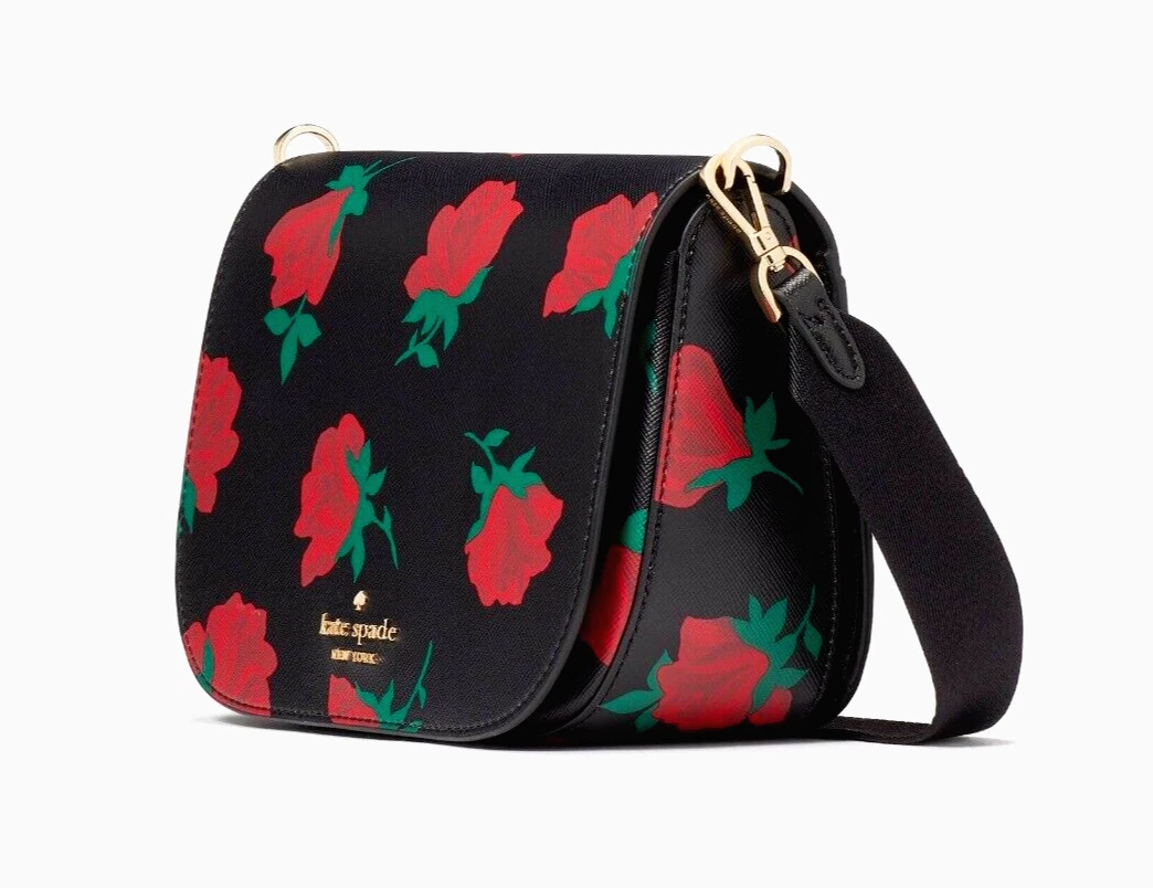 Nuova borsa da sella stampata Kate Spade Madison Rose Toss nera borsa antipolvere