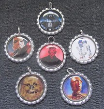 LOT OF 6 STAR WARS Bottle Cap Charms Split Rings Attached Crafts C3PO R2D2 Darth