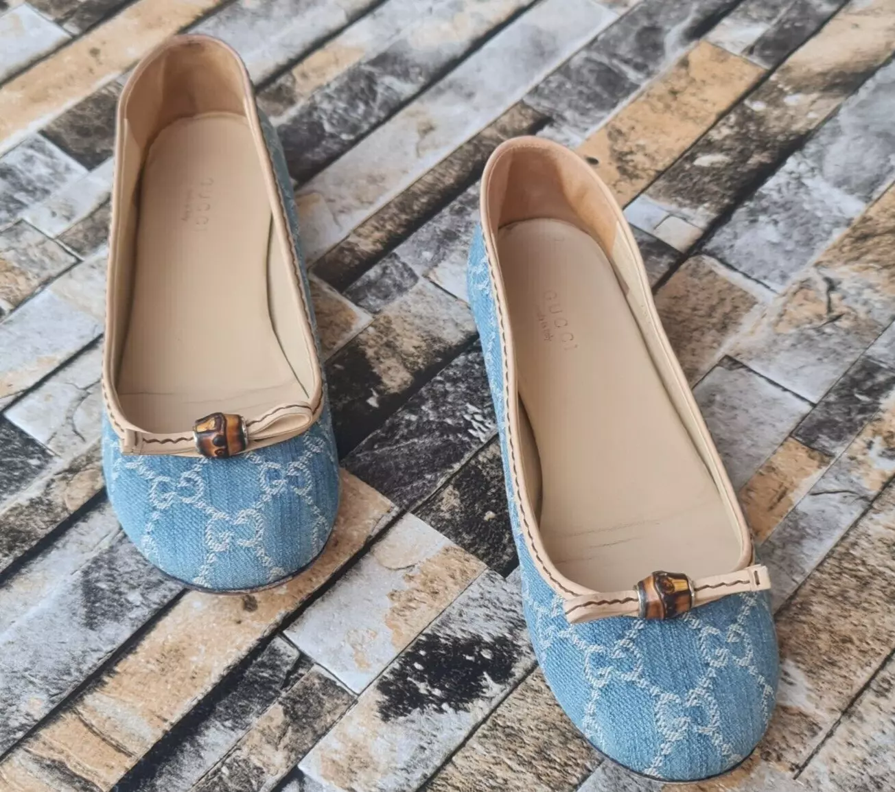 Noeuds ballet bout rond cuir marron denim bleu monogramme GUCCI taille EU 37 US 6,5