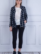 Masai Jaclyn Blue Jacket White Stripes Waterfall Front, Pockets, Tie Hem Med Vgc