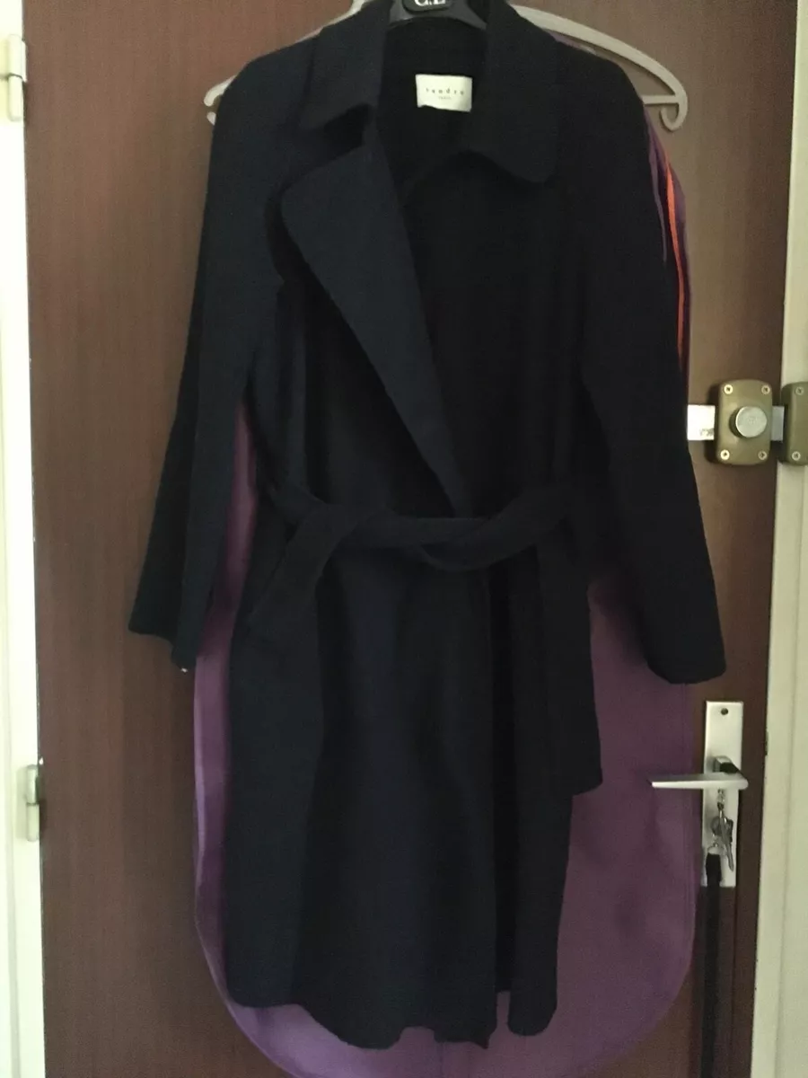SANDRO PARIS MAJE NAVY BLUE BOILED WOOL BELTED COAT 38 6 4 8 S M