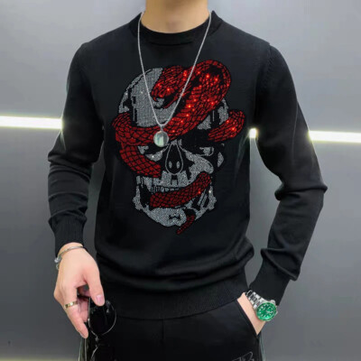 New Men Luxury Diamond Skull Rhinestones Fashion Knitted Black White Sweater