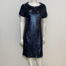 Moulinette Soeurs Dress Womens XS Blue Sequin Interstellar Short Sleeve Midi