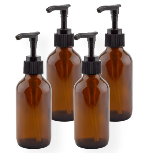 4oz Amber Glass Pump Bottles w/ Black Pumps 4pk; Lotion/Face Soap Dispensers - Picture 1 of 10
