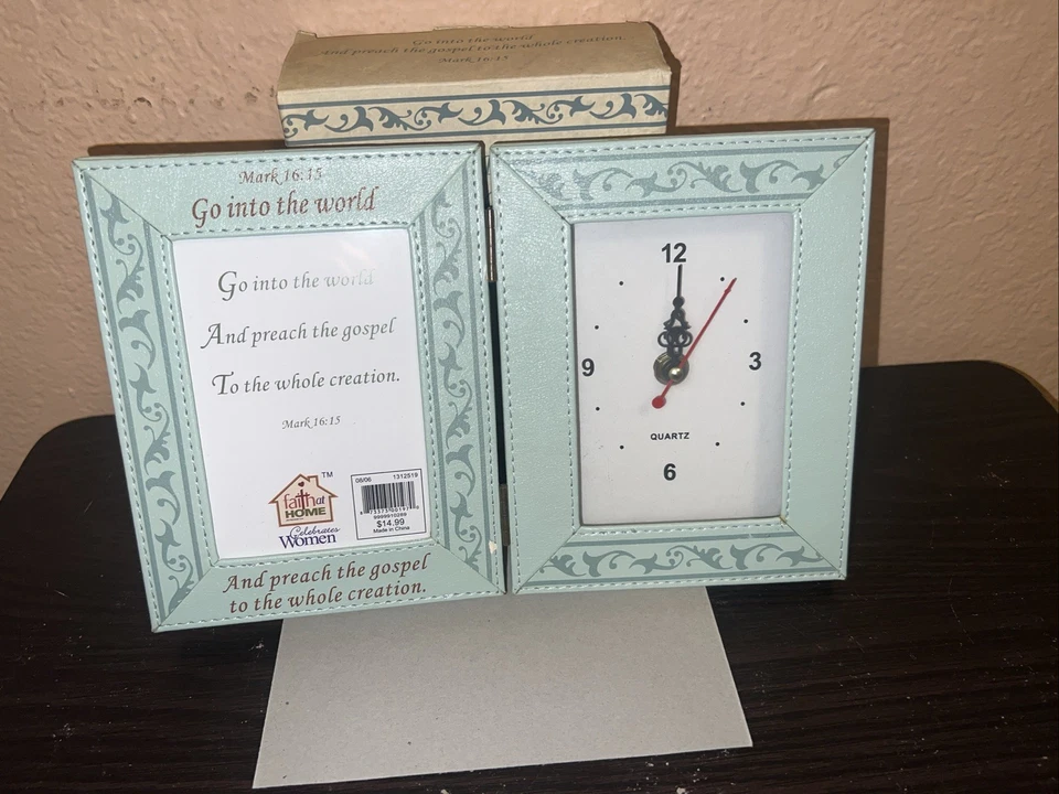 NEW VINTAGE Photo Frame With Clock, Mark 16:15 Bible Verse “3X4.5” Picture Size - Image 2 of 4
