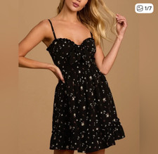 NWT Lulus Romantic Muse Black Floral Print Tie-Front Ruffled Mini Dress Large
