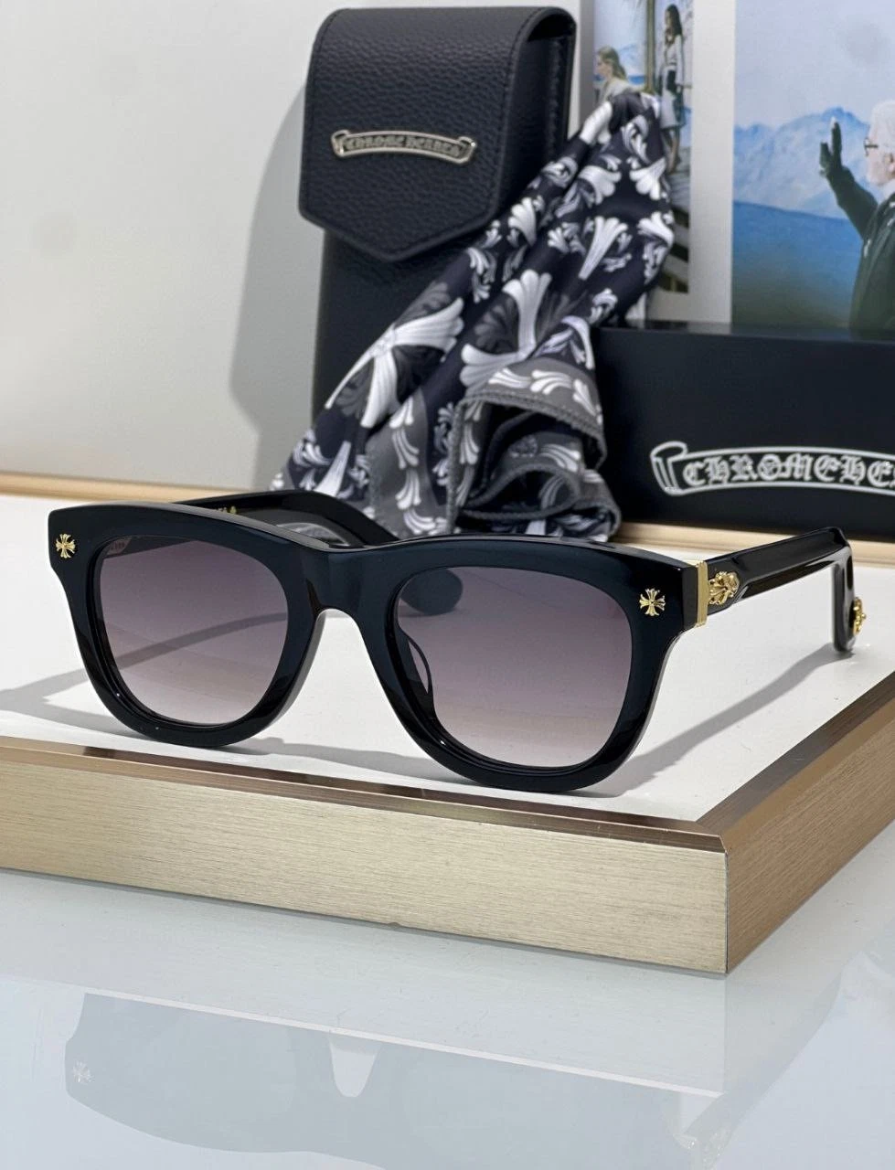 Chrome Hearts TRITITSAGAIN Sunglasses Black Gold Luxury Square 53-22-150